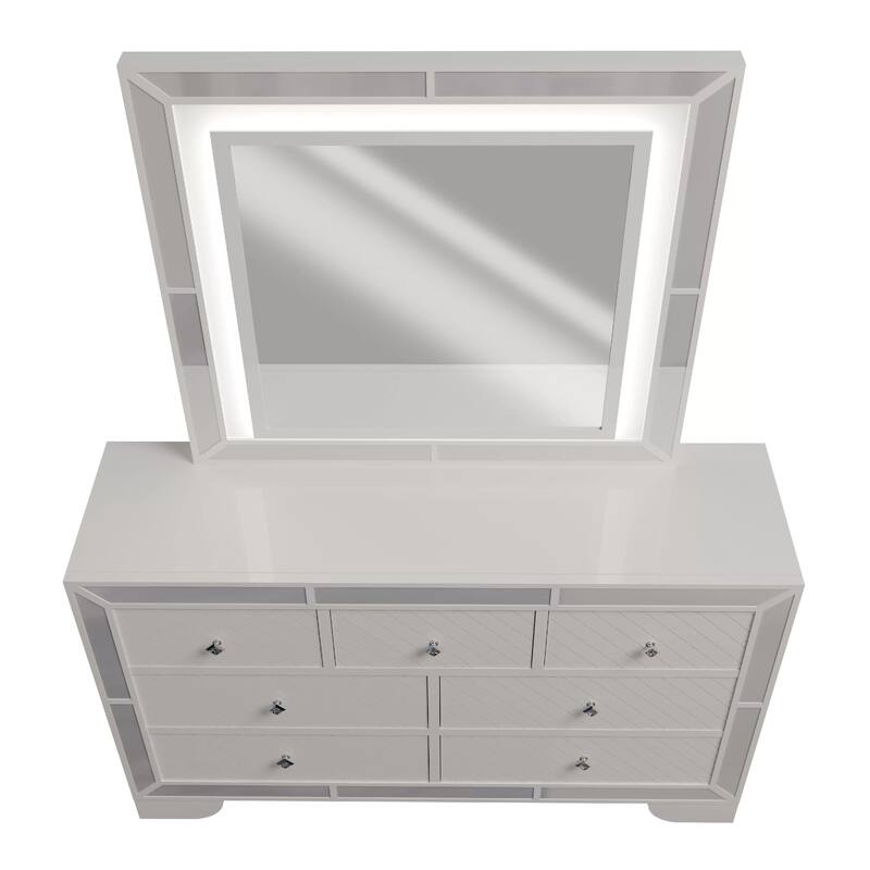 Athon Wide Dresser with 7 Drawers, Diamond Patterns, Ivory Wood