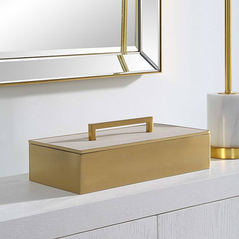 Rectangular Box with Lid and Handle - 14" - Brass Finish