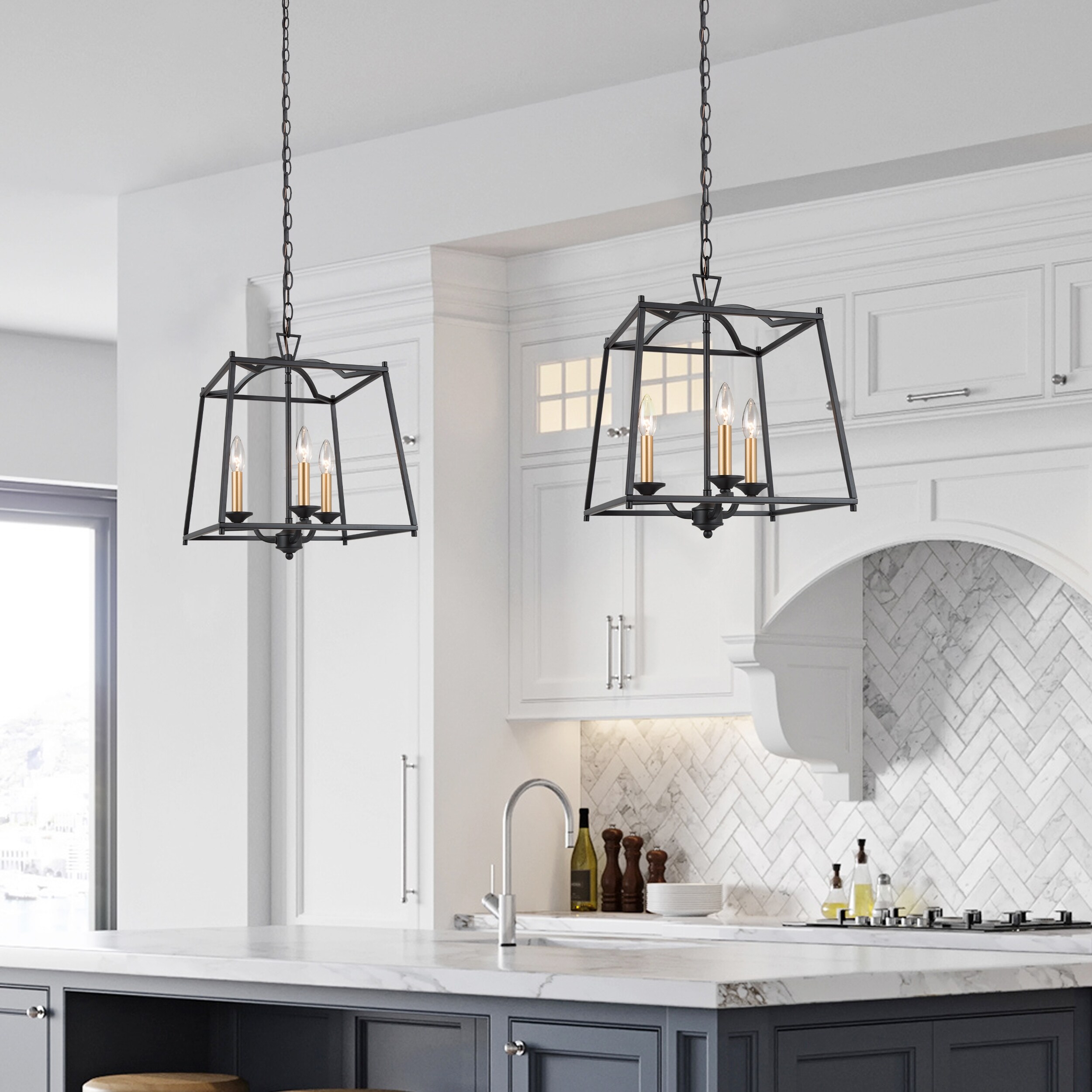 Kania Modern Farmhouse Black Gold 3-light Lantern Pendant Lighting