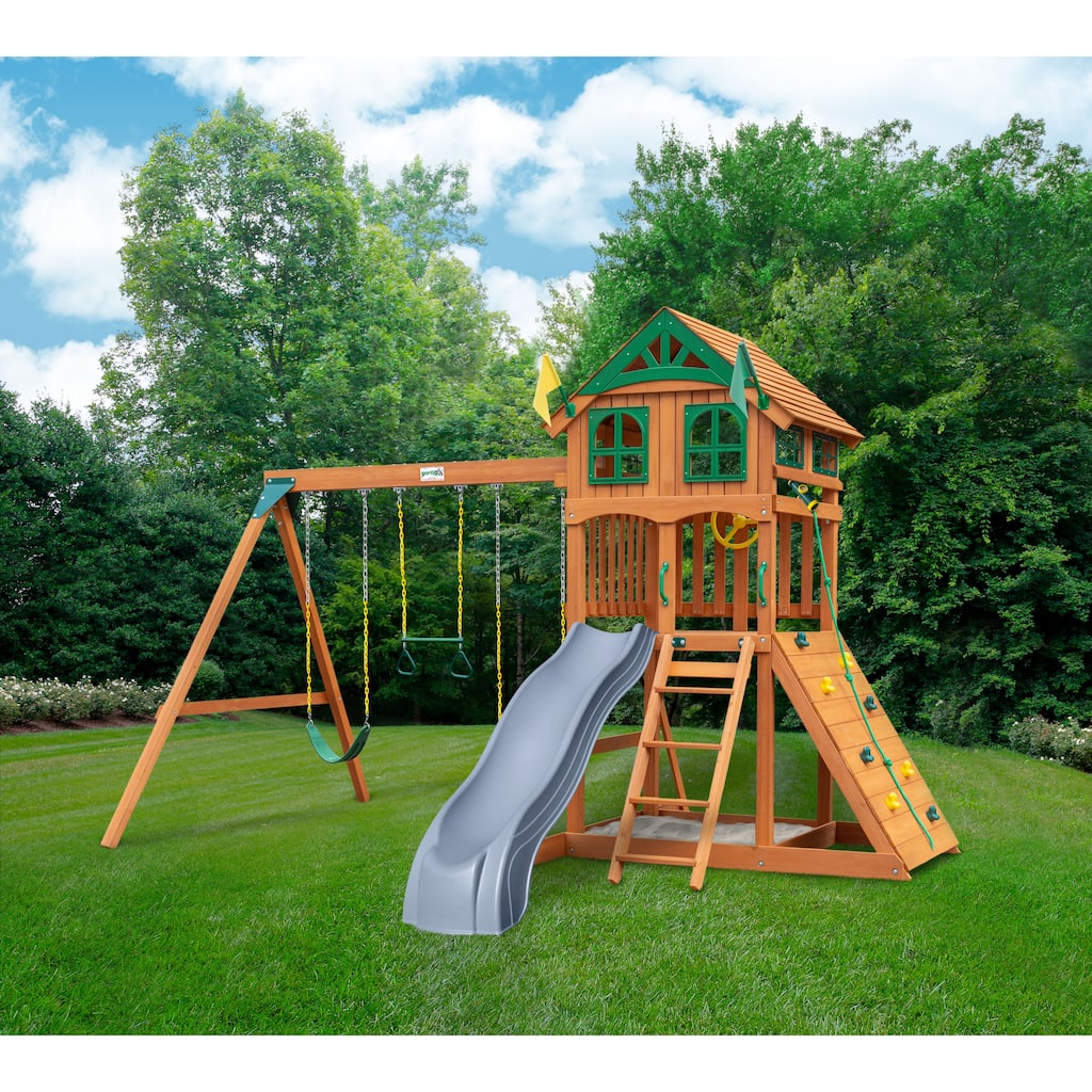 Gorilla Playsets Avalon Outdoor Wooden Swing Set with Wood Roof & Gray Slide