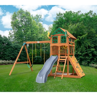 Gorilla Playsets Avalon Outdoor Wooden Swing Set with Wood Roof & Gray Slide