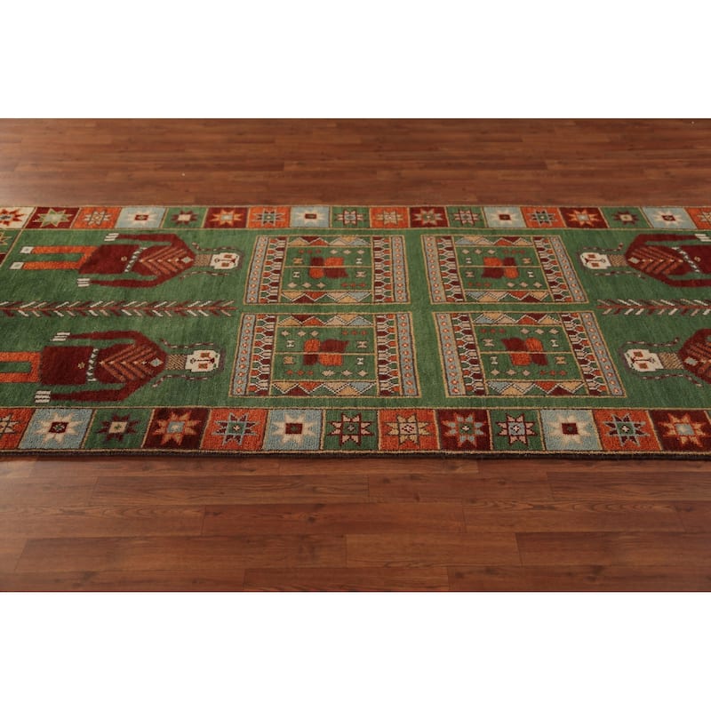 Tribal Green Kazak Indian Runner Rug Hand-Knotted Wool Carpet - 3'11"x 9'10"