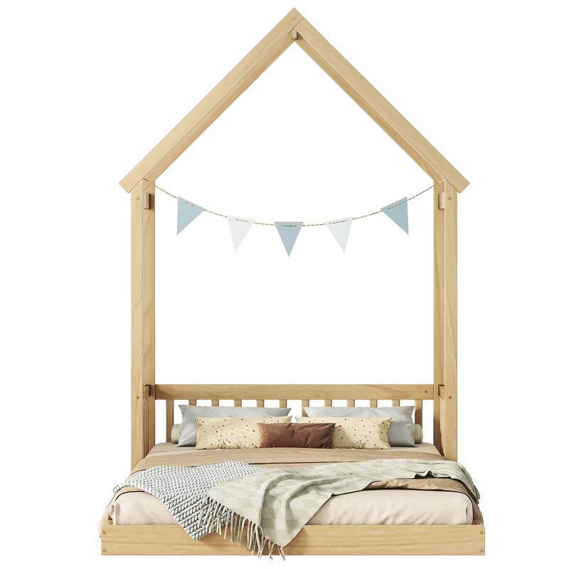Full Roof-framed Headboard Floor Bed with Headboard Guardrails