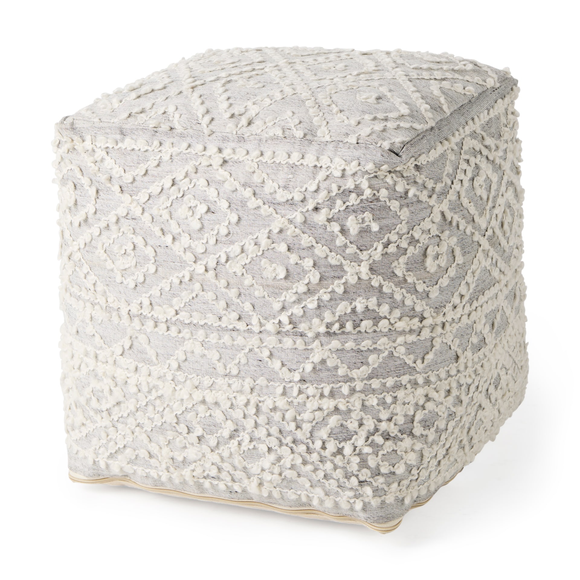 Mercana  inchFarida inch Dark Grey and White Patterned Wool / Polyester Square Pouf