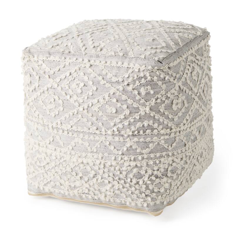 Farida Patterned Square Pouf - Light Grey & White