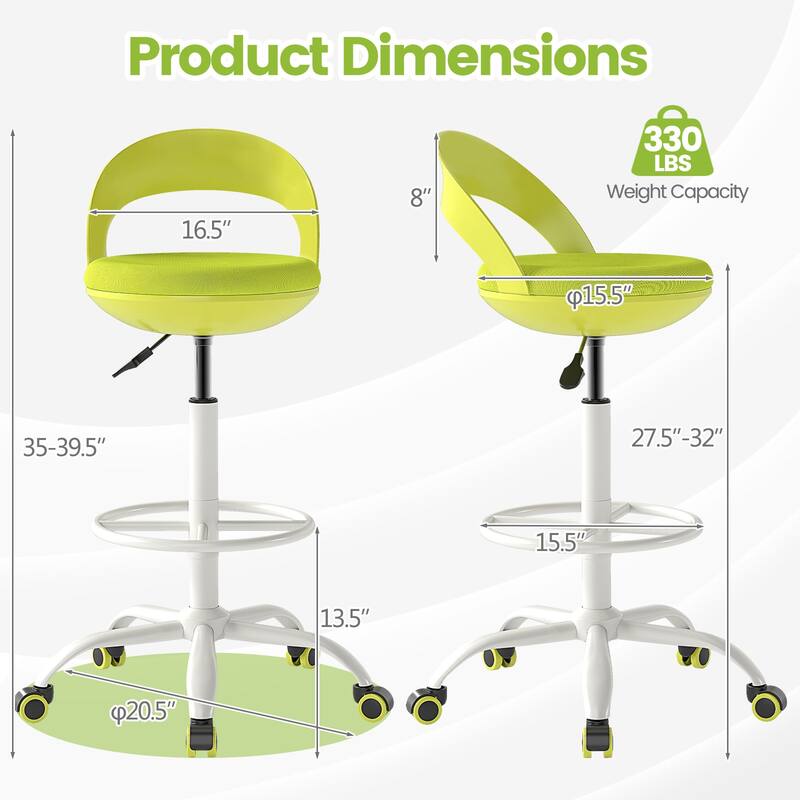 Green Ergonomic Swivel Seat Drafting Stool with Adjustable Height and Breathable Mesh Back - 20.5" x 18.5" x 35"-39.5"
