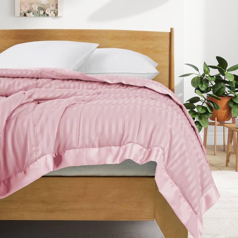 Hotel Quality Luxury Lightweight Jacquard Soft Bed Blanket with Satin Trim, Cozy and Warm - Full/Queen - Pink