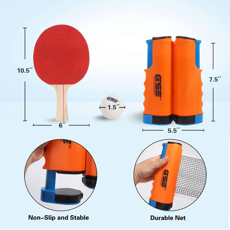 GSE™ Complete Portable Table Tennis Game Set with Retractable Ping Pong Net & Post, 2 Paddles & 3 Ping Pong Balls for Anywhere