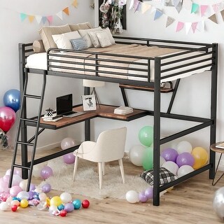 Industrial Modern Full Size Loft Metal & MDF Bed with Built-in Desk and Shelf, Sturdy Construction & Safety Guaranteed, Black