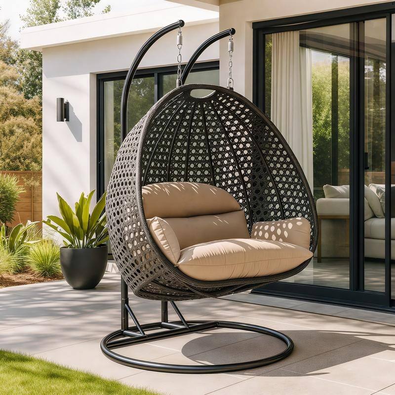 LeisureMod 2-Person Charcoal Wicker Egg Swing - Includes Metal Stand & Cushions - Modern Double Patio Lounger