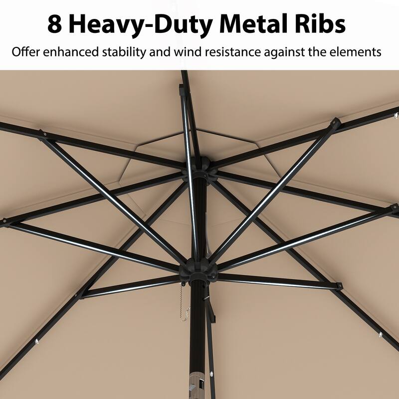 10 Feet Solar Patio Umbrella with LED Lights Push Button Tilt and Crank Handle for Backyard Deck