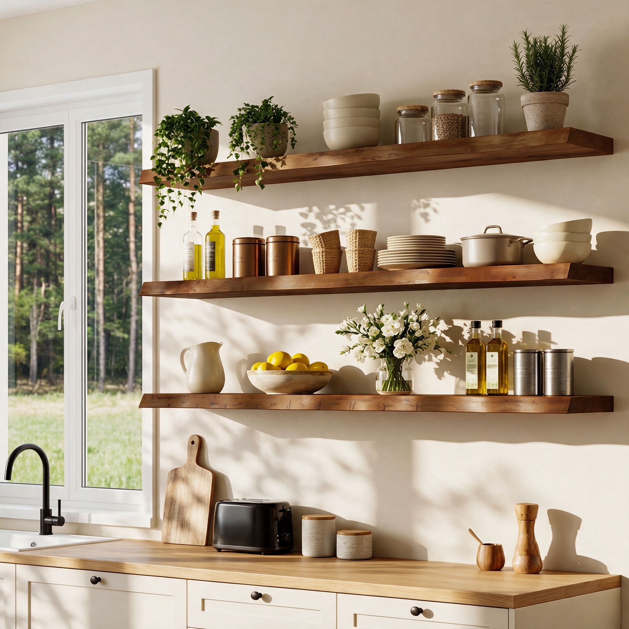 Solid Wood Floating Shelves, 47.24" Extra Long Live Edge Wall Shelves