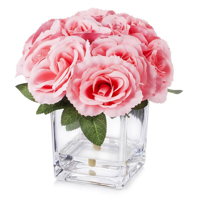 Enova Home Artificial Velvet Fake Roses Silk Flowers Arrangement in Cube Glass Vase with Faux Water for Home Decoration - Pink