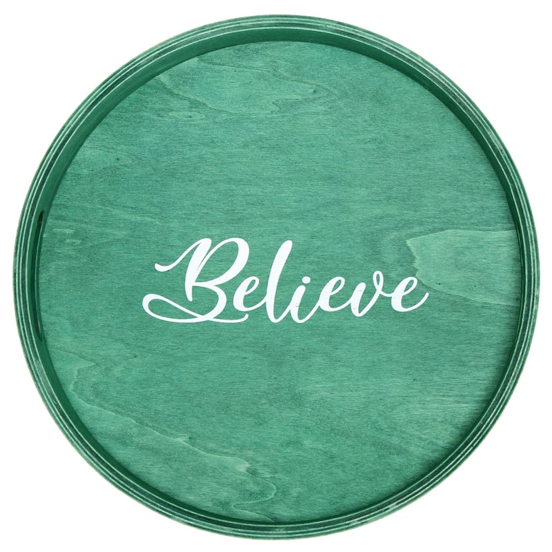 HomeRoots 14" Green And White Believe Round Serving Tray With Handles - 13.75 in. x 1.65 in. x 13.75 in.
