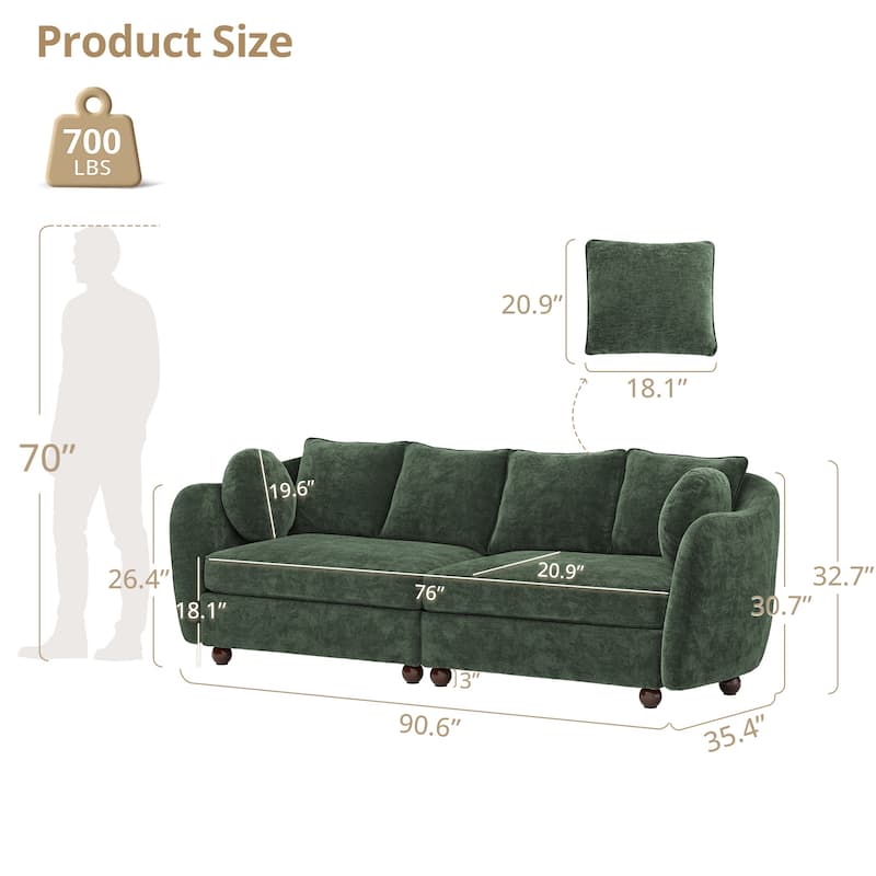 90.6" Chenille Upholstered Sofa with 6 Pillows, Modern 3-Seater Sofa Couch for Living Room Bedroom Apartment, White