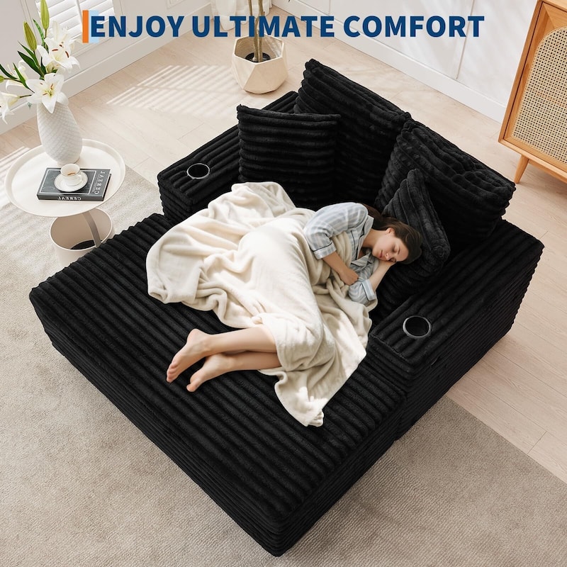 60 Inch Upholstered Sofa Bed with Throw Pillows and Armrests, Comfy Corduroy