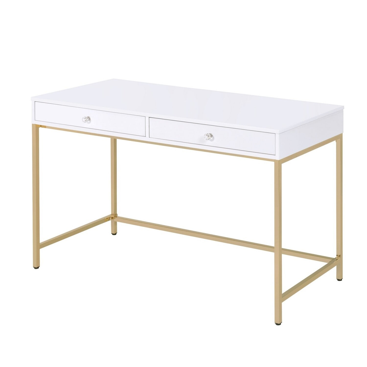 Retro Desk 2 Drawer Wood Top Metal Base White Gold Modern Writing Table - White and Gold