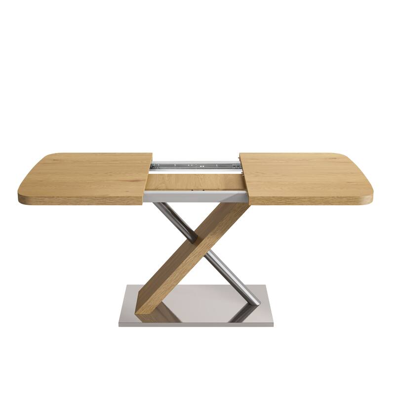 Modern Extendable Glossy Dining Table Crossed Metal Base & Stainless Steel Tubes