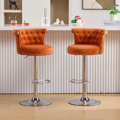 Velvet Bar Stool Set of 2, Adjustable Swivel Bar Stools with Silver Plated Metal Leg, Chrome Nailhead, Counter Height Chair