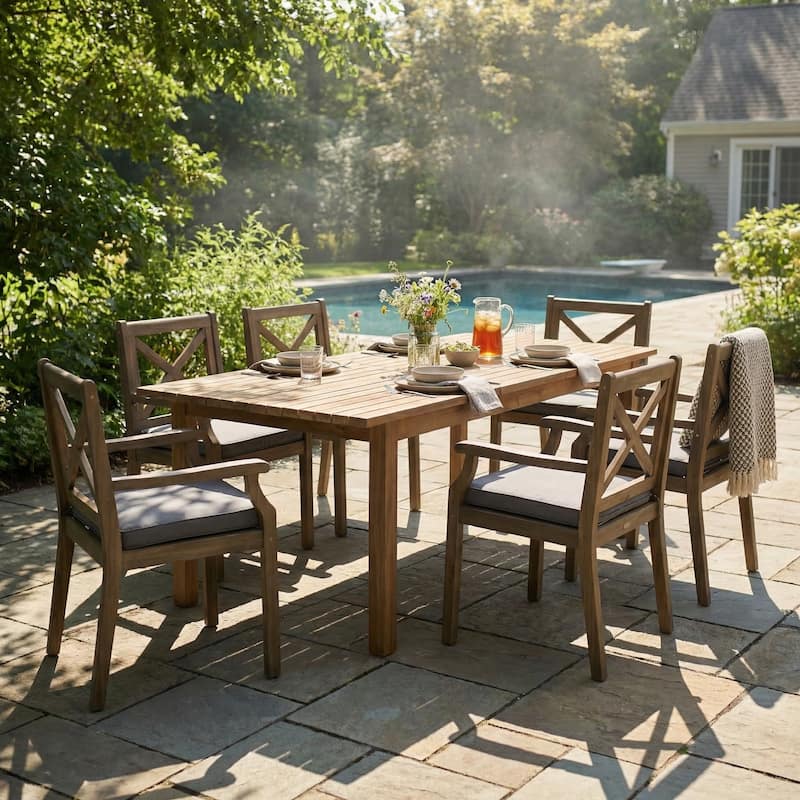 Christopher Knight Home - Modern 7-Piece Solid Acacia Wood Extendable Outdoor Dining Set with Cream Cushioned Chairs - Grey+Teak