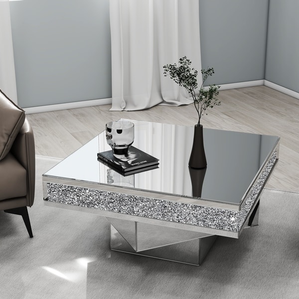 slide 2 of 5, Glam Triple Mirror Diamond Coffee Table Accent Table Silver