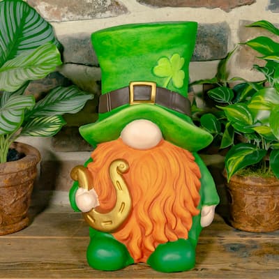 St. Patrick's Day Garden Gnome with Red Beard and Horseshoe