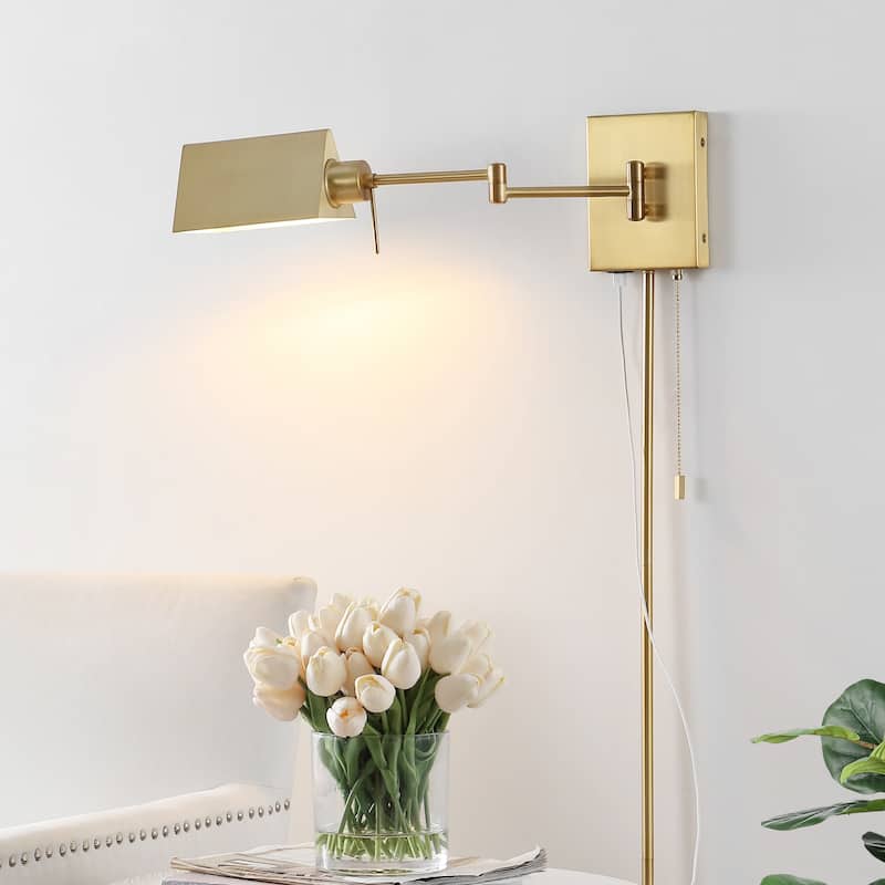 Curtis Farmhouse Swing Arm Plug-In or Hardwired Iron LED Wall Sconce with Pull-Chain with USB Charging Port, by JONATHAN Y - 1 Light - Brass Gold