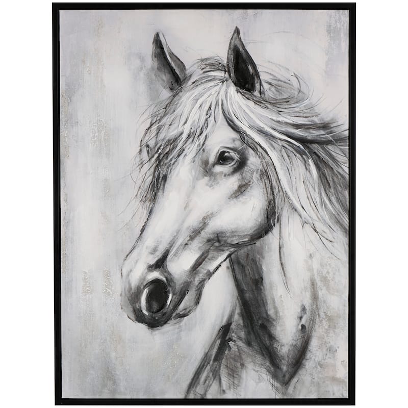 Canvas Horse Hand Drawn Inspired Shaded Framed Wall Art with White Background - Black - Roche River Decor