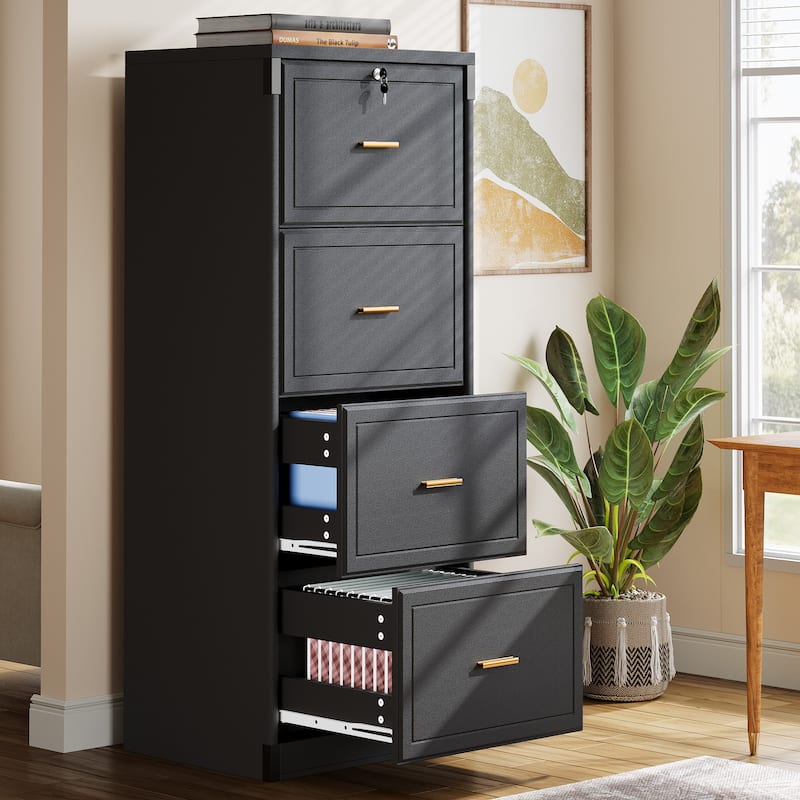 Vertical File Cabinet with 4 Drawers, Lockable Filling Cabinet with Key for Home Office - Black