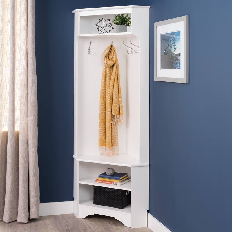 Prepac White Corner Hall Tree: Multifunctional Corner Clothes Rack with Corner Shoe Shelf - Space-Saving Corner Solution