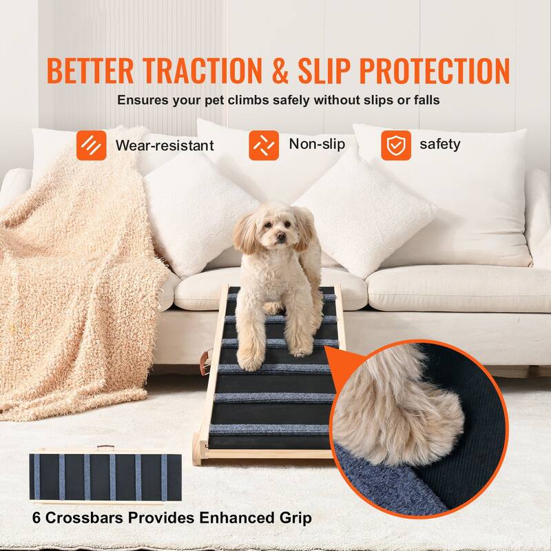 Natural-Black Wood Dog Ramp with 6-Level Adjustable Height - 41.33” L x 15.7” W x 25.59” H