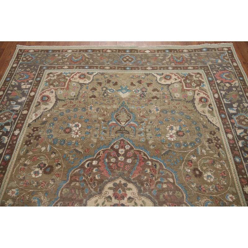 Hand Knotted Oriental 100% Wool Carpet Traditional Floral Green Tabriz Area Rug - 9' 5'' X 6' 4''