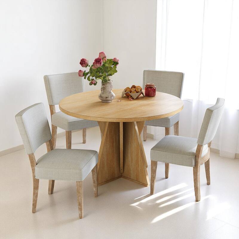 Retro 5-Piece Kitchen Table Set, Round Dining Table with Base Support and 4 Upholstered Dining Chairs - Natural