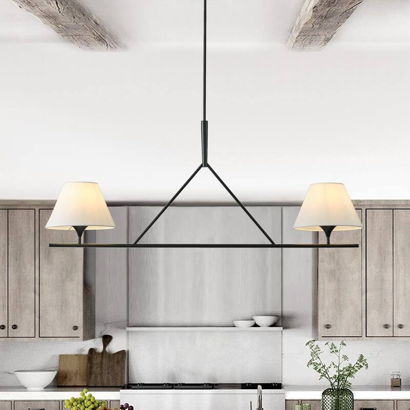 Farmhouse 2-Light Linear Kitchen Island Chandelier with White Fabric Lampshades