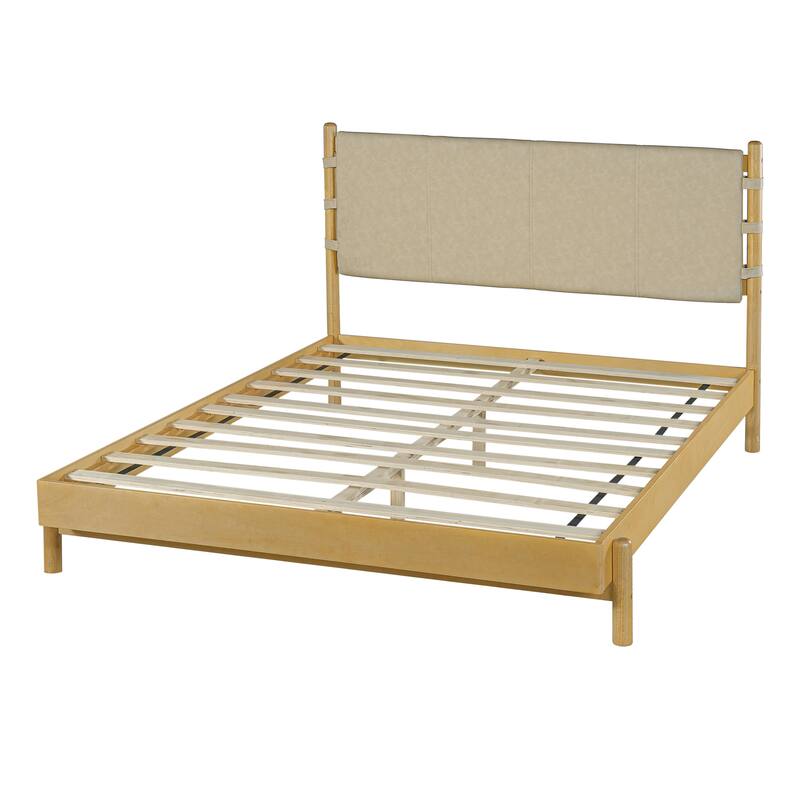 Low-Profile Platform Bed Frame with Upholstered Panel Headboard Wood Slat Supports and Center Support Legs for Bedroom Apartment