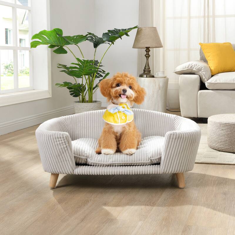 Roomfitters Modern Dog Sofa Bed, Corduroy Pet Couch with Supportive Foam and Wooden Legs, Elevated Design
