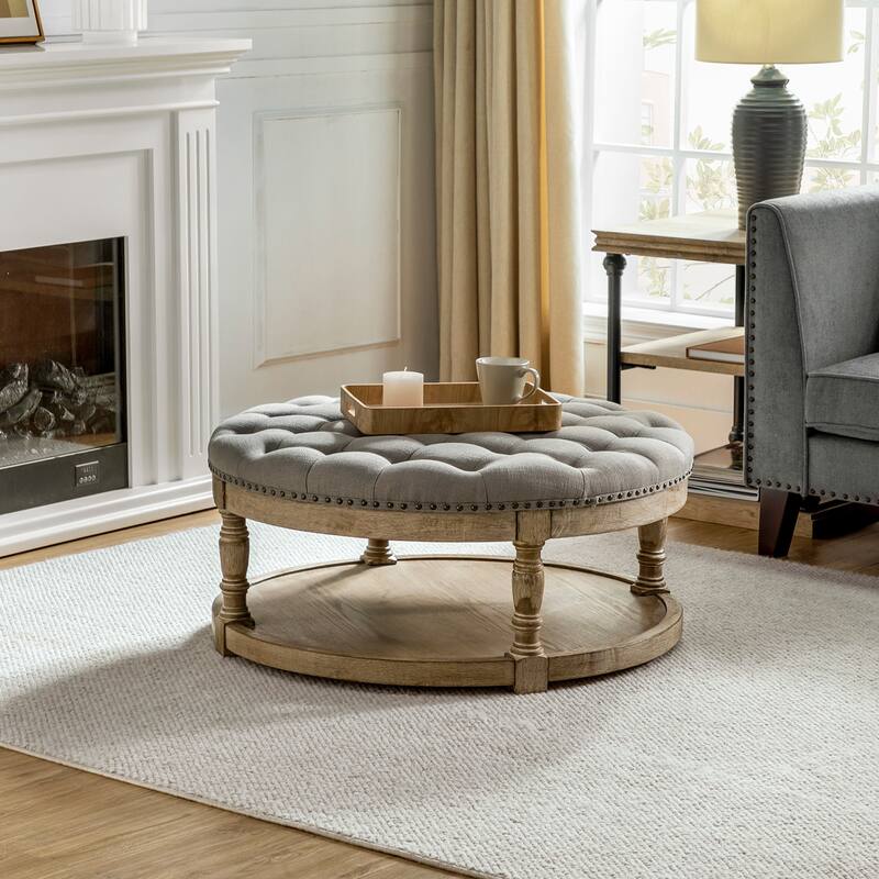 Illyria Transitional Multifunctional Tufted 35.5" Storage Ottoman Table with Spindle Legs by HULALA HOME - GREY