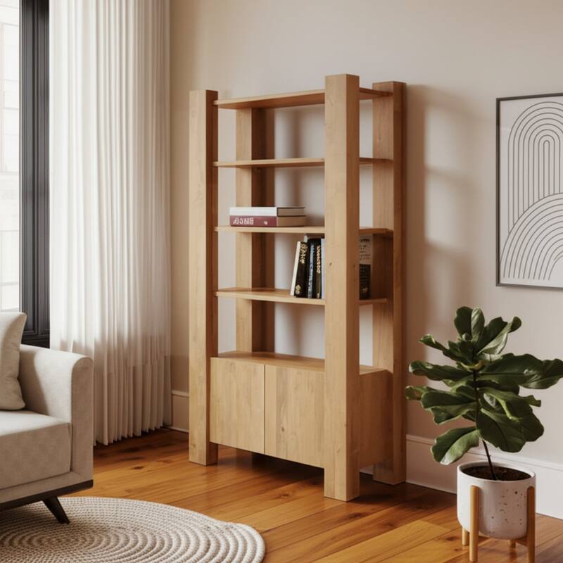 HomeRoots 42" Natural Solid Wood Four Tier Bookcase with Two Doors - Natural
