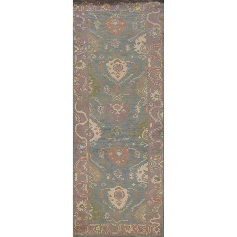Hand Knotted Oriental 100% Wool Carpet Transitional All-Over Navy Blue & Blues Oushak Runner Rug - 9' 9'' X 3' 3''