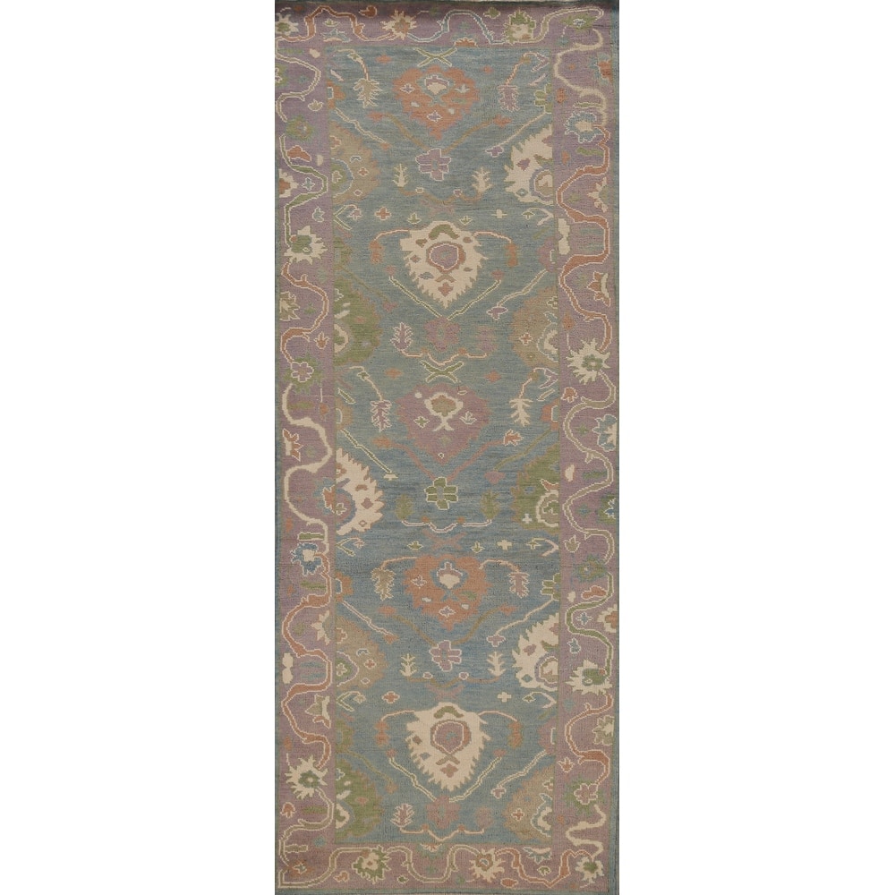 Hand Knotted Oriental 100% Wool Carpet Transitional All-Over Navy Blue & Blues Oushak Runner Rug - 9' 9'' X 3' 3''