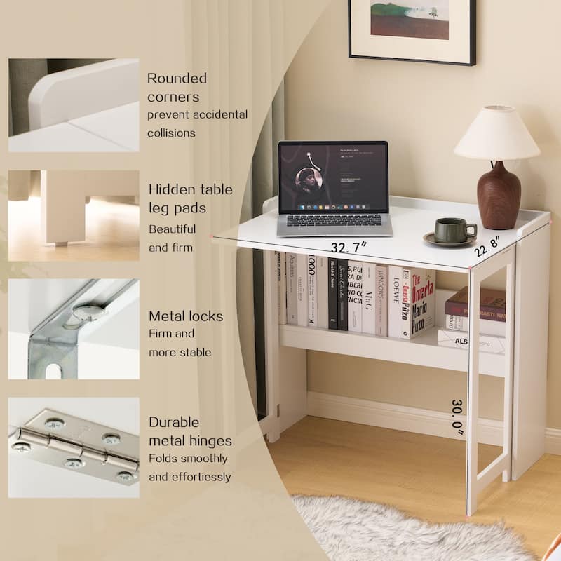 Anmytek 32.6 Inch Folding Desk with Storage Shelf for Small Spaces, White
