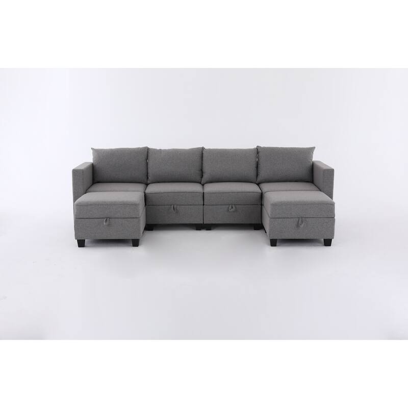 110.3" Burlap Modular U-Shaped 6-Seater Sectional Sofa with Reversible Chaise, Built-in Storage and Convertible Design