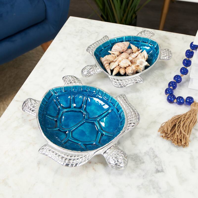Aluminum Metal Enameled Turtle Decorative Bowl with Silver Metal Exterior (Set of 2) - Blue