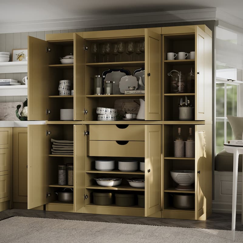 Palace Imports 100% Solid Wood Kitchen China Cabinet Pantry with Glass or Solid Wood Doors and 2-Drawer Kit - 65" x 71.5" - Yellow - Solid