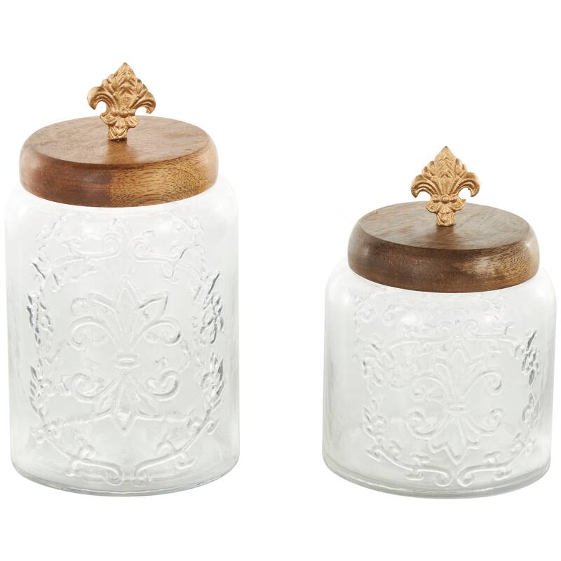 Clear Glass Scroll Living Room Decorative Jars with Brown Wooden Lids and Gold Fleur-De- Lis Knobs (Set of 2)