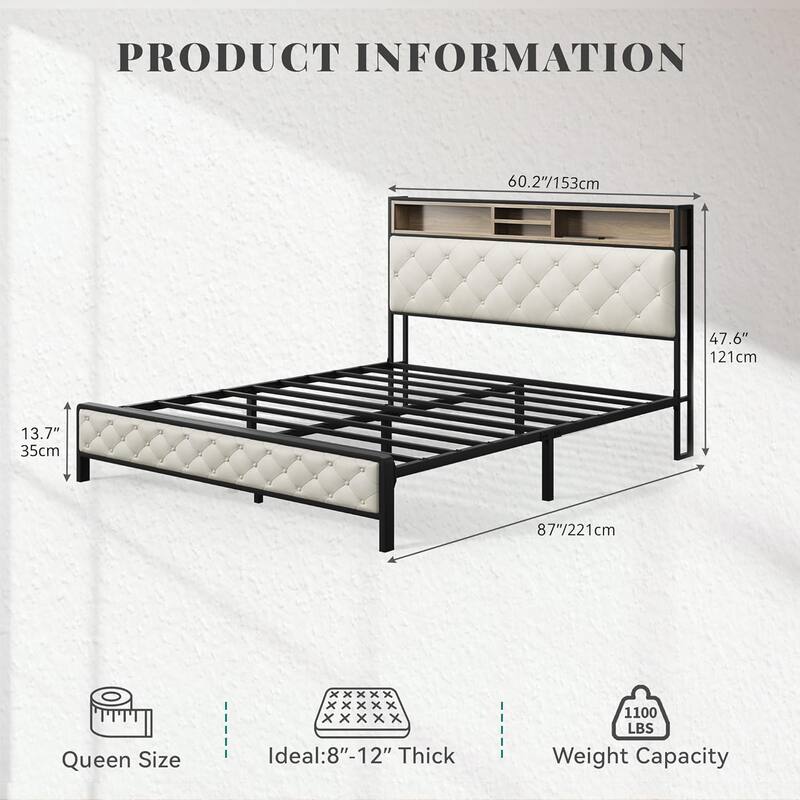 Queen/King Size Platform Bed Frame with Charging Station, Upholstered Storage Headboard & Metal Slats