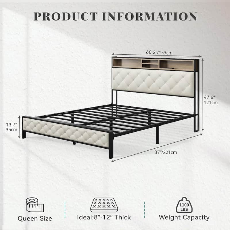 Queen Size Bed Frame, Platform Bed Frame with Charging Station, Upholstered Storage Headboard & Footboard Metal Slats Supports