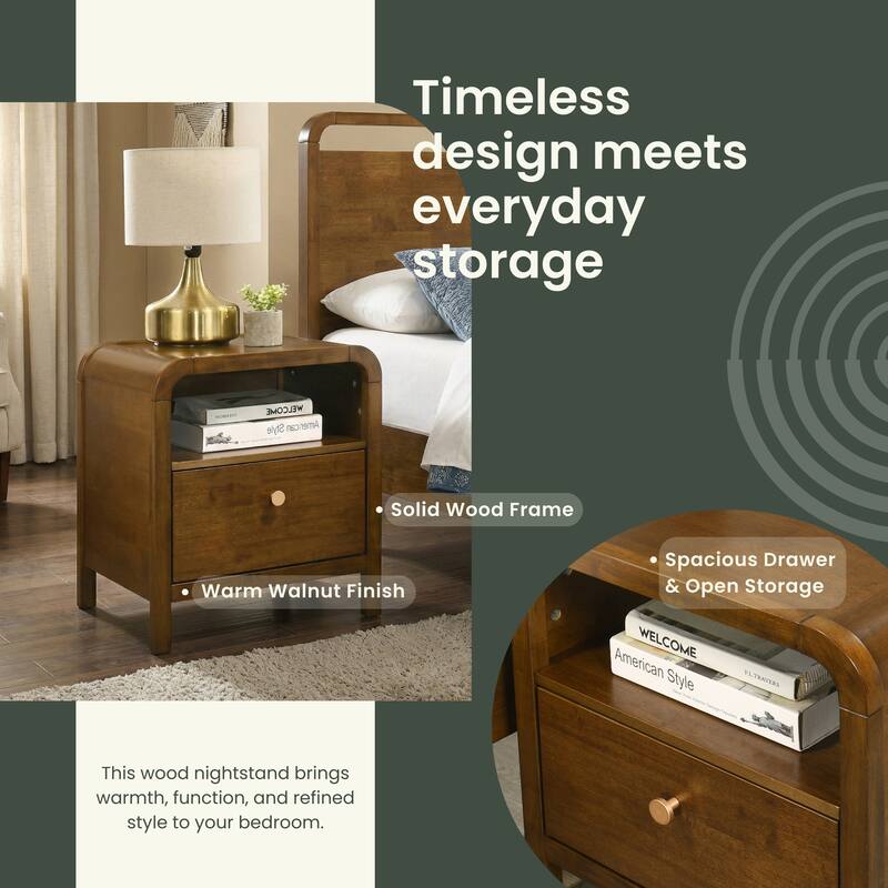 Roundhill Furniture Eldren Wood Nightstand with Solid Rubberwood Frame, Walnut Finish