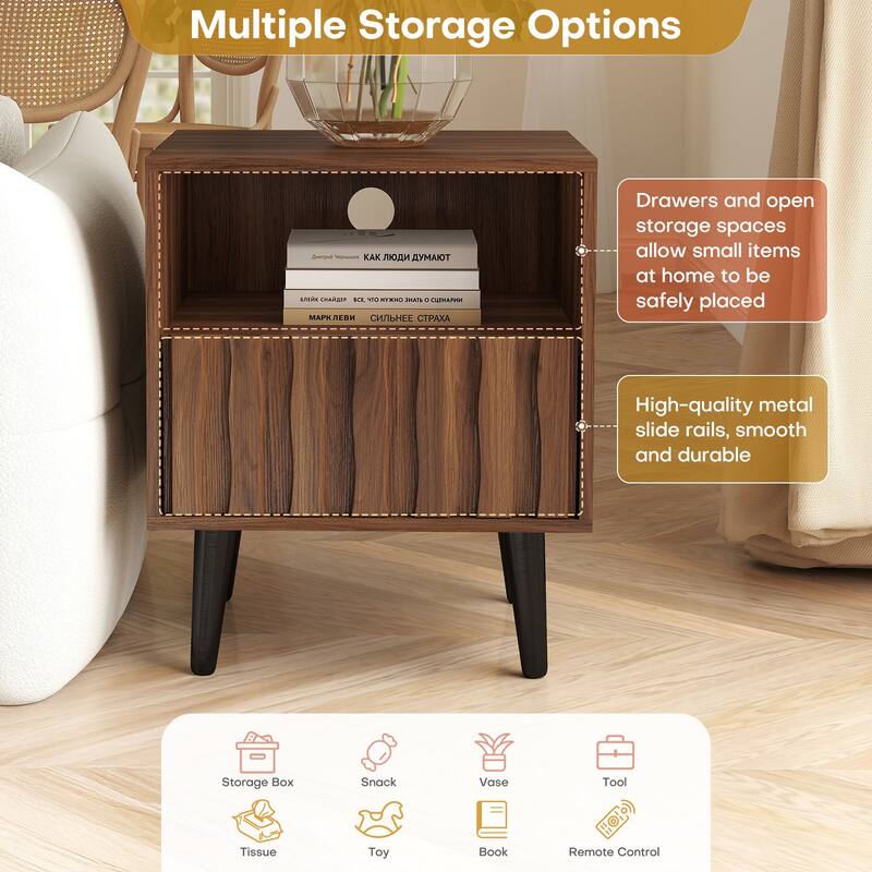 Mid-Century Modern Nightstand, Fluted End Table Drawer & Open Storage