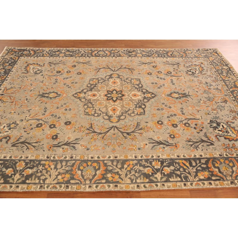 Hand Knotted Oriental 100% Wool Carpet Traditional Floral Greys & Charcoal Tabriz Area Rug - 10' 1'' X 6' 7''